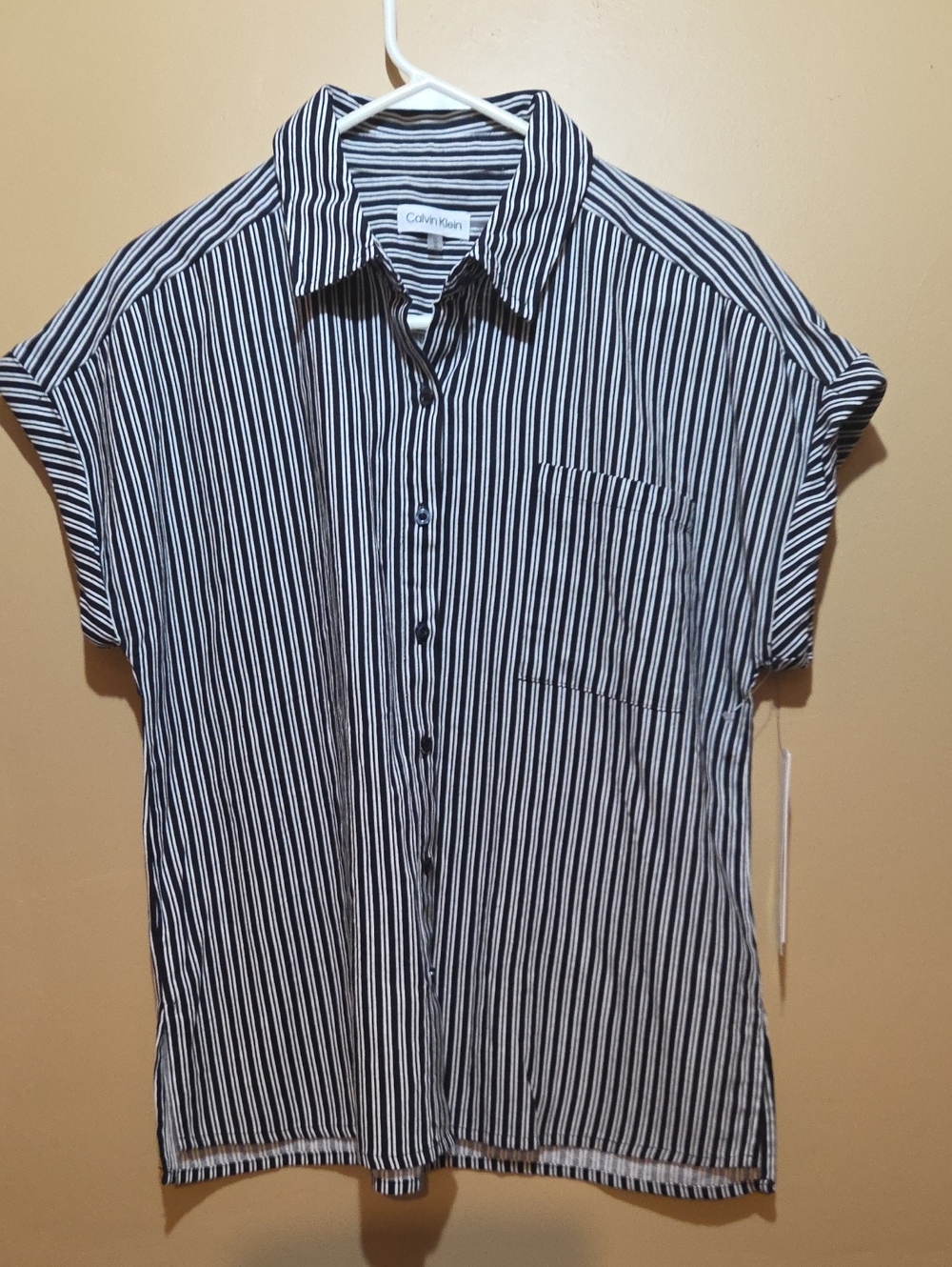Calvin Klein Women's  Black and White Vertical-Stripe Short Sleeve Shirt Size M